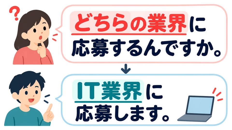 Auf 「どちらの業界」 antwortet man mit einer konkreten Branche. Im Bild ist die Antwort die IT-Branche.