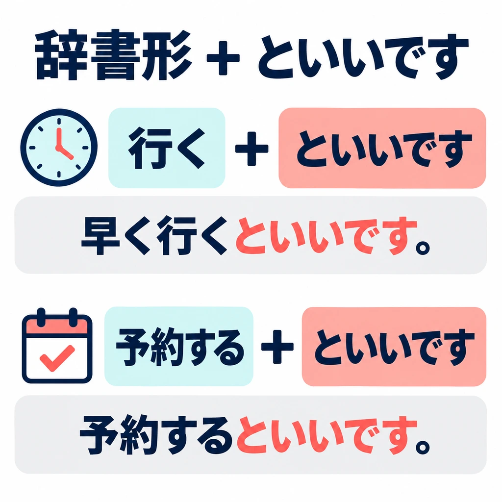 Put the suggested action first: use the verb’s dictionary form, then add 「といいです」.