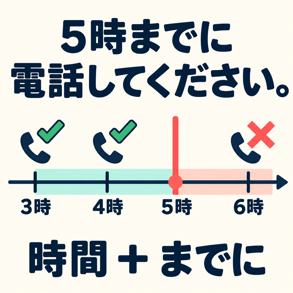 Look at the picture: the deadline is five o’clock. Calling at three or four is fine too; you don’t have to wait until five.