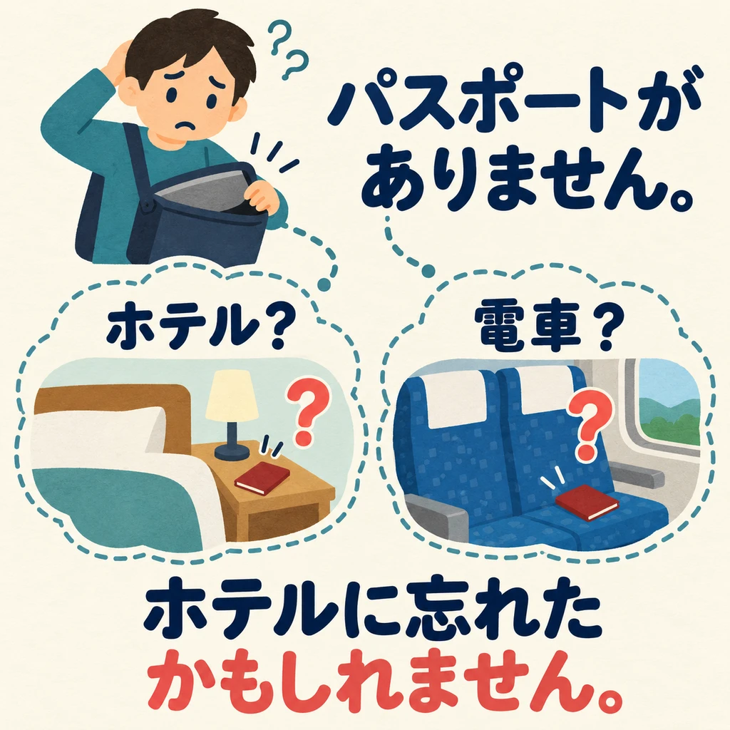 The passport is missing. Look at the picture: can we be sure it is at the hotel or on the train?