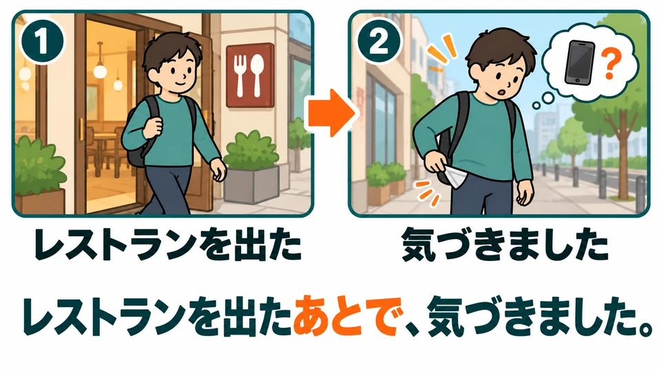 When did they notice their phone was missing? 「出たあとで」 tells us it was after leaving the restaurant.