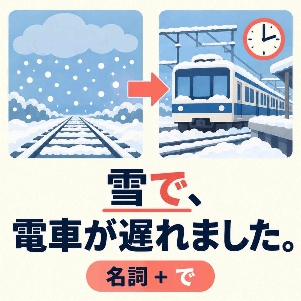 原因是名詞時，用「名詞＋で」。圖中電車晚點的原因是什麼？