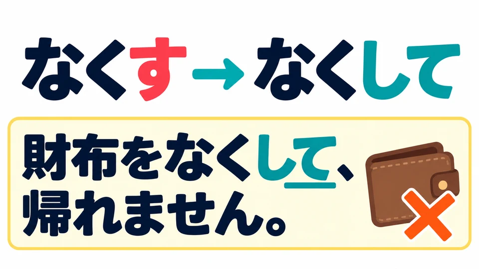 原因是動作時，把動詞變成て形：「なくす→なくして」。