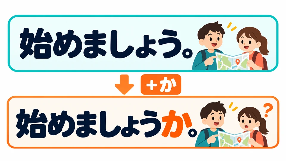 「始めましょう」 suggests starting. Adding 「か」 also asks whether the other person agrees.