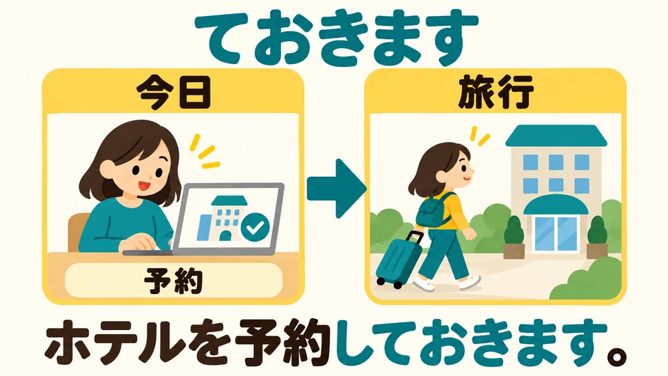 「ておきます」表示為之後的目的提前做準備。訂飯店是為旅行做準備。