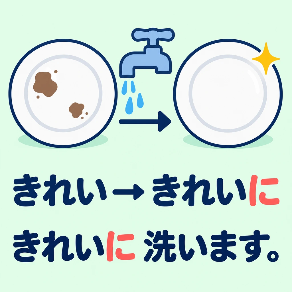 ดูจานหลังล้าง 「きれいに洗います」 หมายถึงล้างจานให้สะอาด