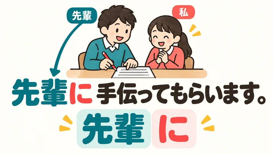 Who helps? Put 「に」 after the helper: here, 「先輩に」.