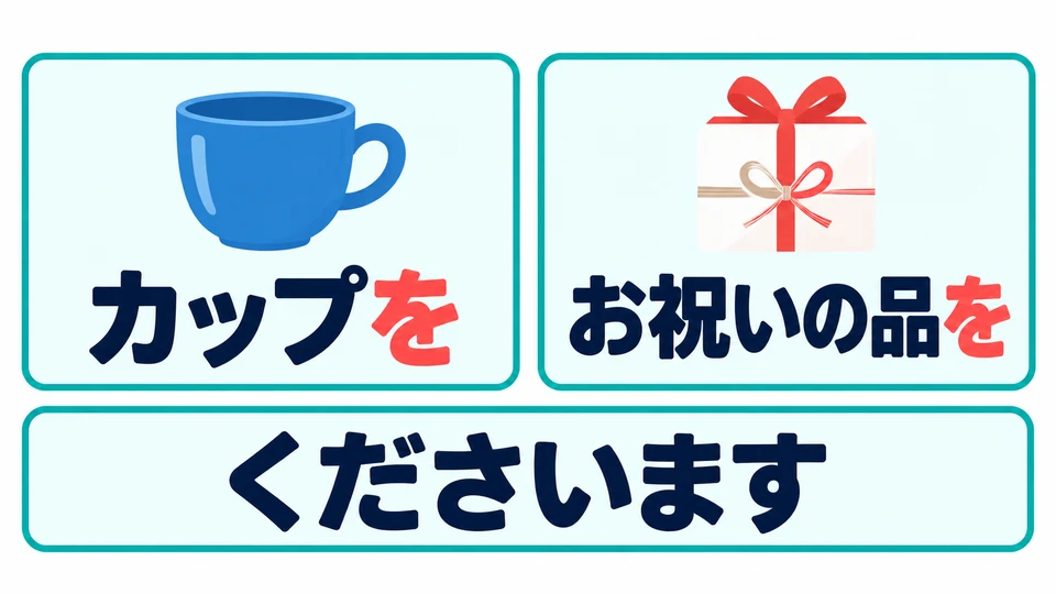 「カップを」 zeigt, was gegeben wird. Gibt ein Vorgesetzter ein Geschenk zur Gratulation, ersetzt du diesen Teil durch 「お祝いの品を」.