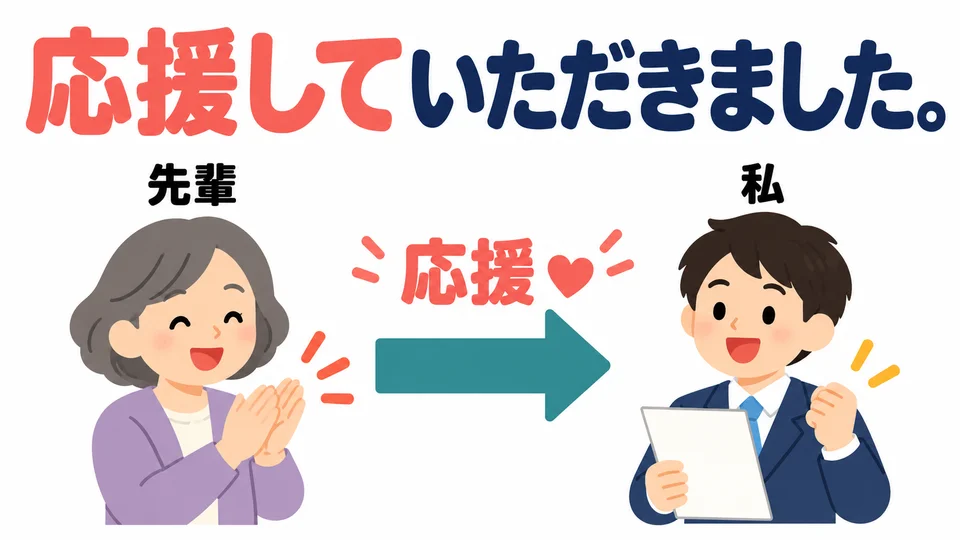 Hilfe kann auch seelische Unterstützung sein. 「応援していただきました」 bedeutet, dass man ermutigt oder unterstützt wurde.