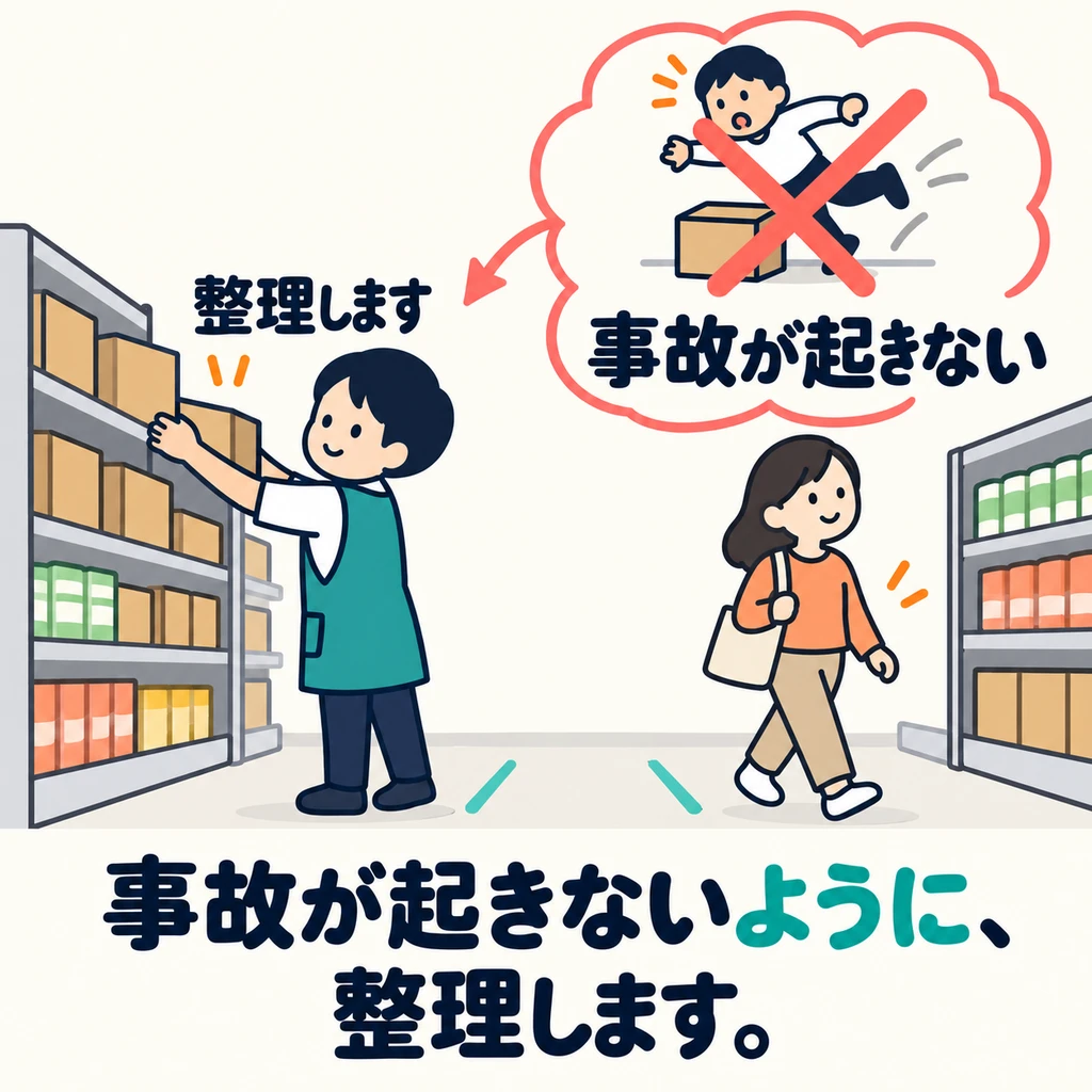 Why tidy up? To prevent accidents. The crossed-out scene shows something you do not want to happen.