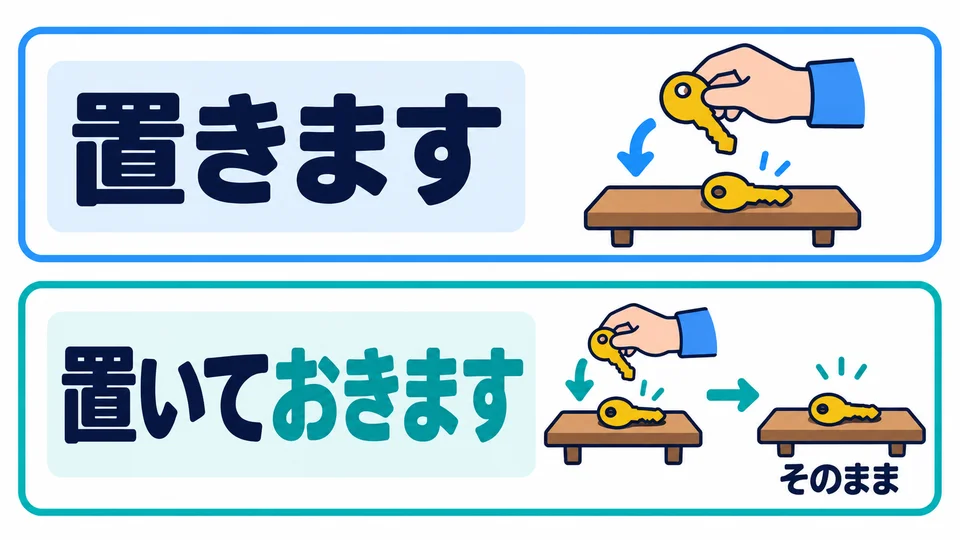 「置きます」著重放的動作；「置いておきます」還表示讓它留在那裡。