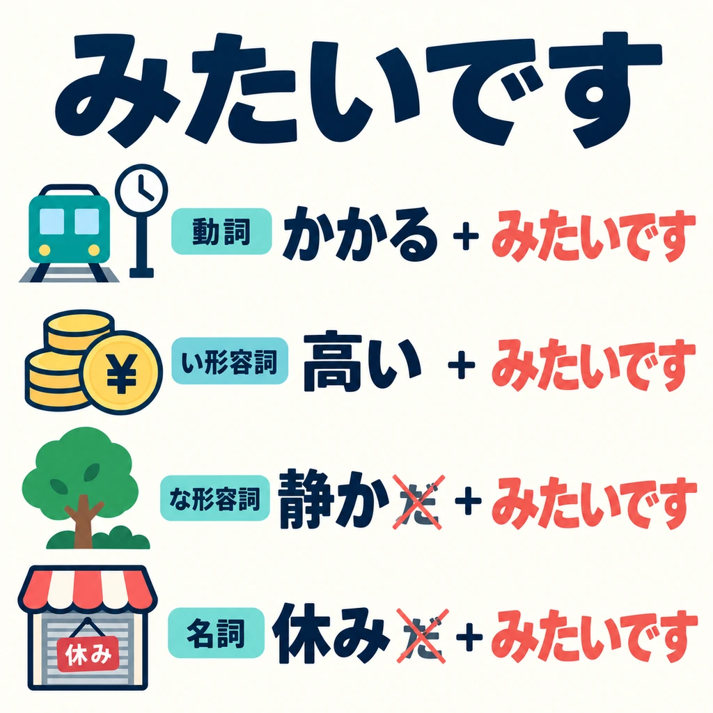 Use the plain form of a verb or い-adjective, such as 「かかる」 or 「高い」, then add 「みたいです」.