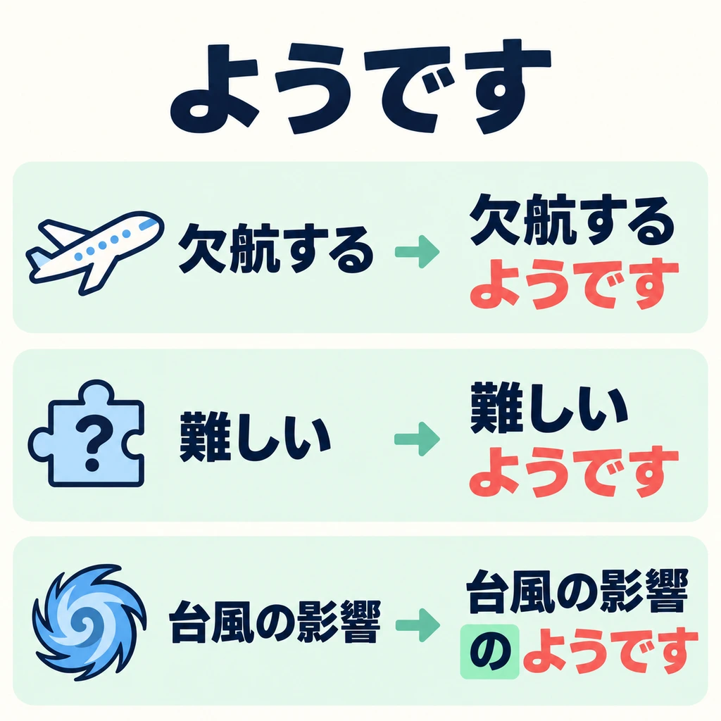 Before adding「ようです」, check whether the preceding word is a verb, adjective, or noun.