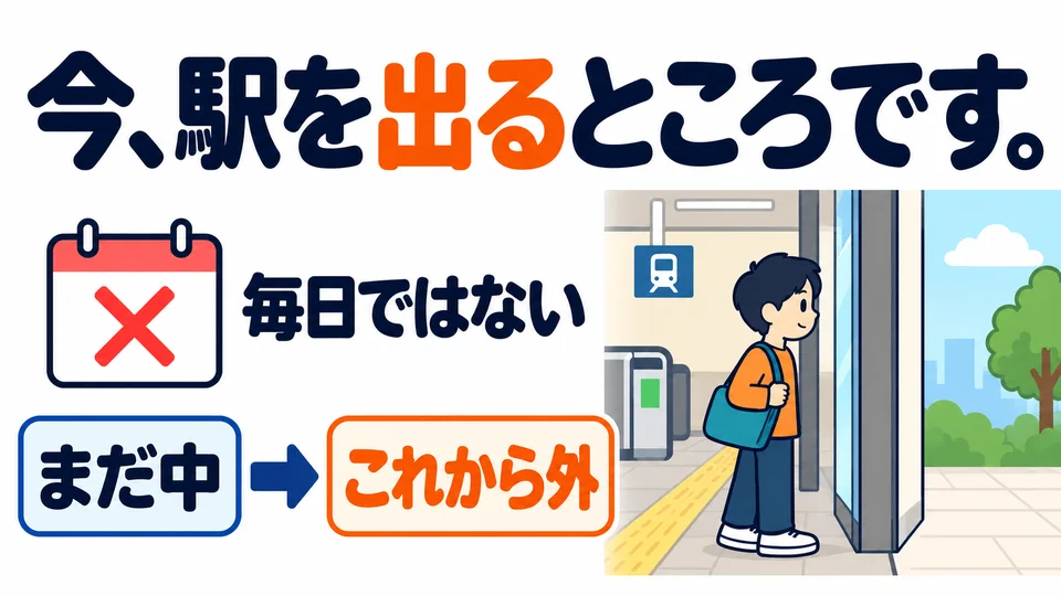 「出る」 im Beispiel bedeutet nicht, dass die Person jeden Tag den Bahnhof verlässt, sondern dass sie noch drinnen ist und gleich hinausgeht.