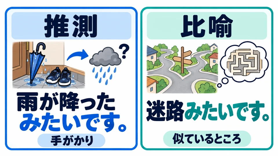 「みたいです」 yang dipelajari sebelumnya menduga fakta dari petunjuk. Dua contoh ini memakai kemiripan untuk membuat perbandingan.