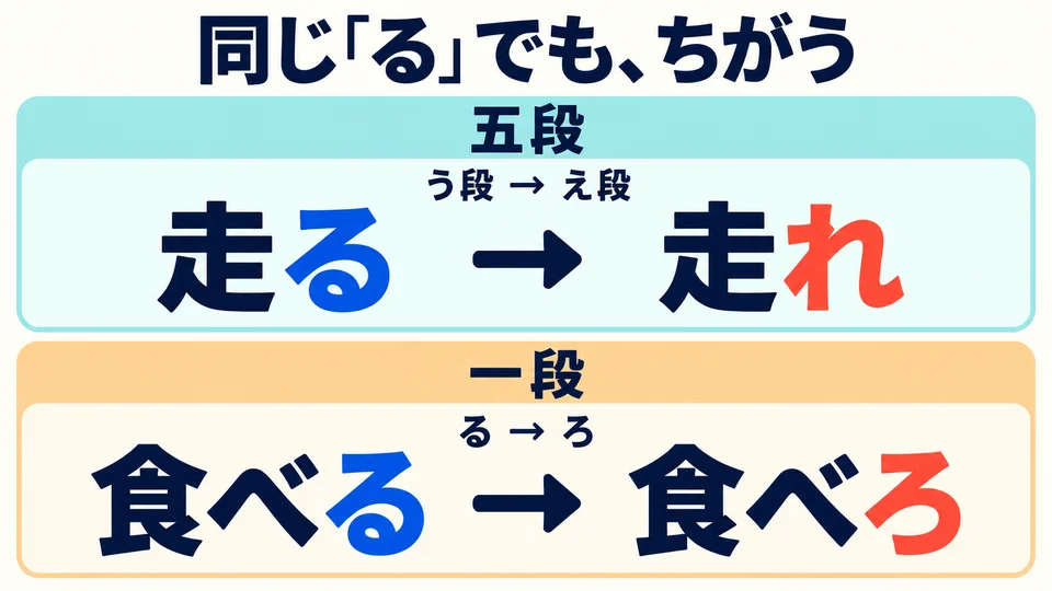 Auch Verben mit der Endung る können sich unterschiedlich verändern: 走る ist ein Godan-Verb, 食べる ein Ichidan-Verb.