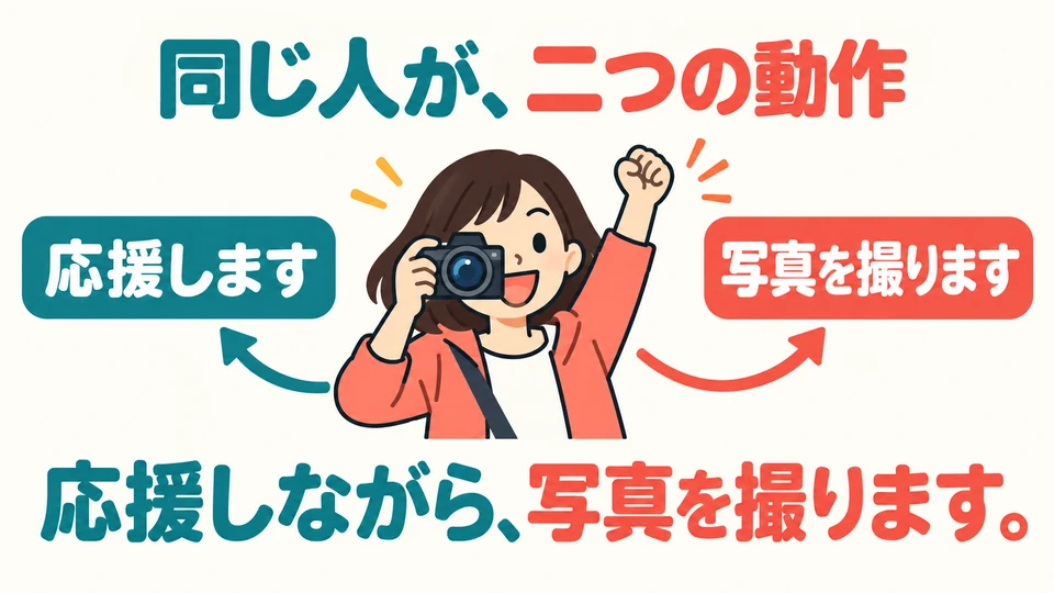 加油和拍照都是她做的。ながら前後的兩個動作，要由同一個人完成。
