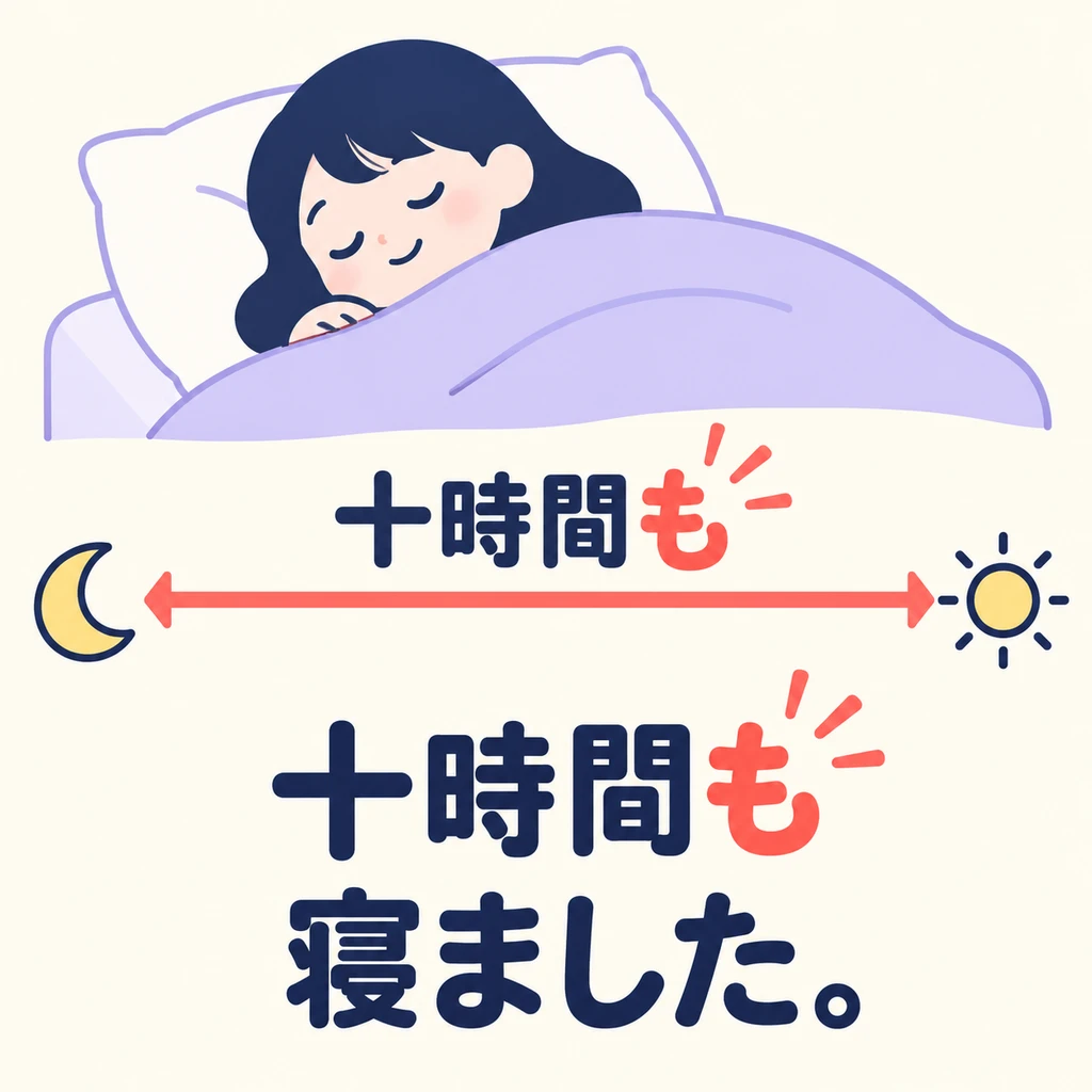 「も」 can also follow a time unit: 十時間も. The speaker emphasizes how long they slept.