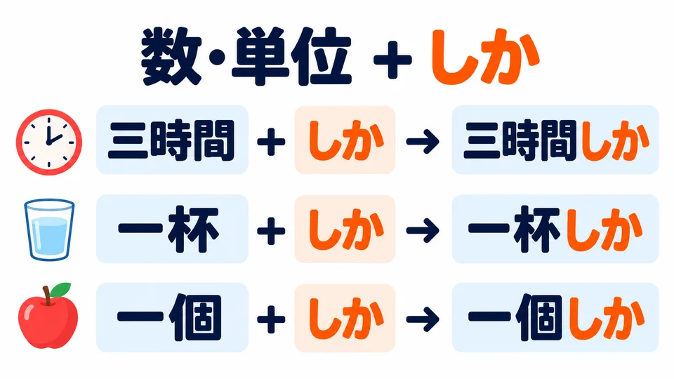 Place 「しか」 after a number and its counter or time unit: 「三時間しか」, 「一杯しか」, 「一個しか」.