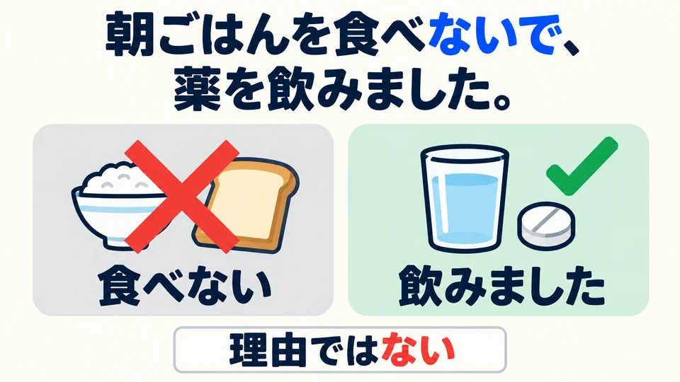 The person took medicine without eating breakfast. 「ないで」 does not mean “because I skipped breakfast, I took medicine.”