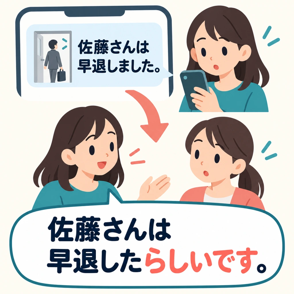 She learns from a message that Sato left work early, then tells a coworker. Use 「らしいです」 to pass on the news.