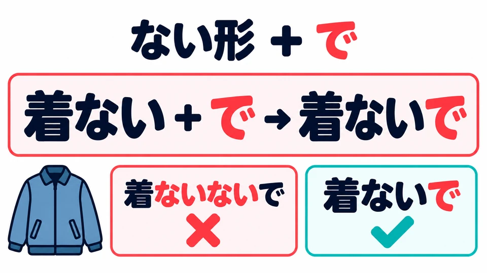 Add 「で」 to the verb’s ない form: 着ない→着ないで. Do not add another ない.