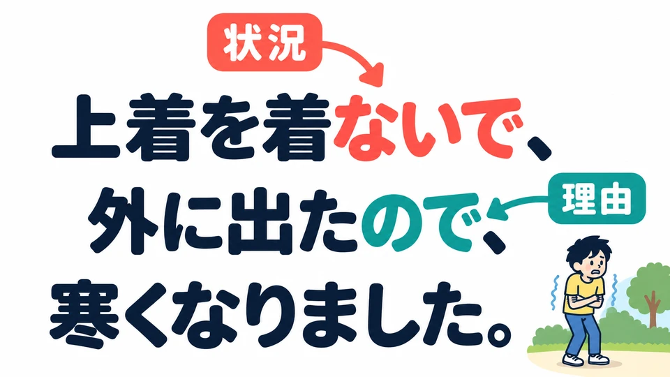 In the first example, 「ないで」 describes not wearing a jacket; 「ので」 links the reason to the result of feeling cold.