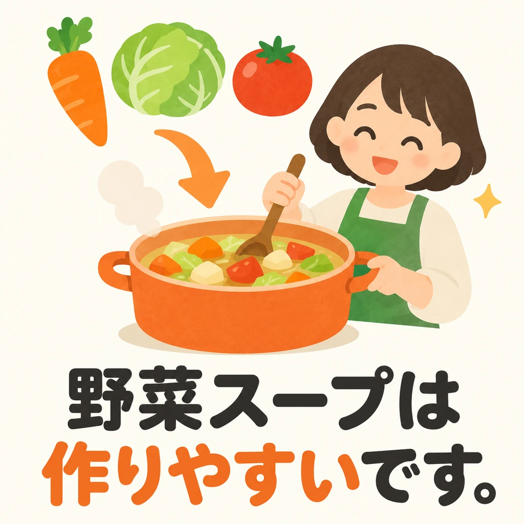 Few ingredients, simple steps. To say “This soup is easy to make,” use 「作りやすいです」.