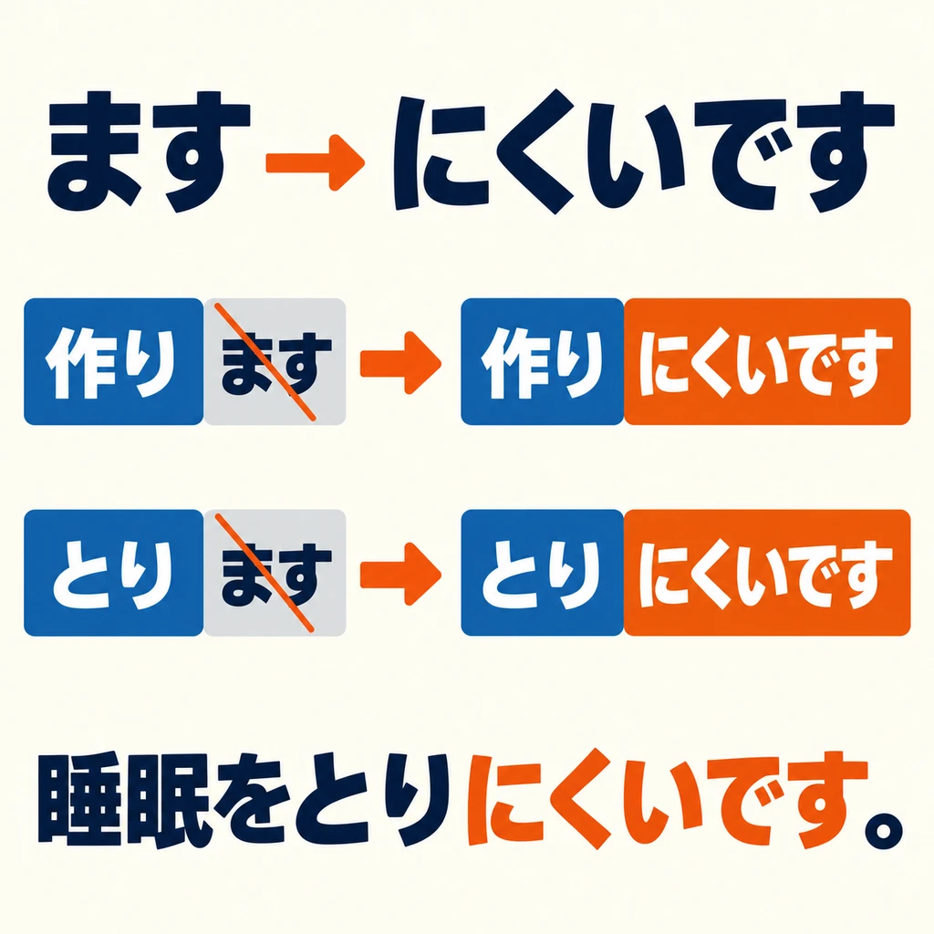 去掉動詞ます形的「ます」，再接「にくいです」，表示做起來困難。