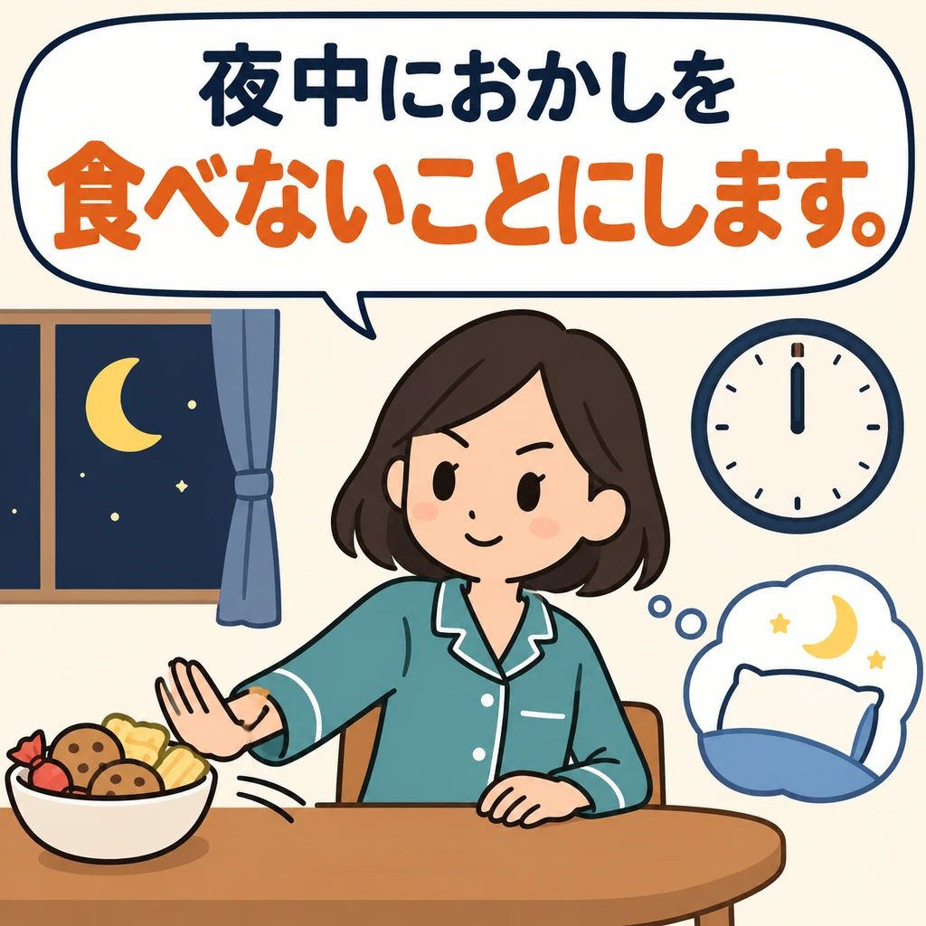 Look at her pushing the snacks aside. She has decided for herself not to eat them in the middle of the night, and uses this pattern to express her decision.