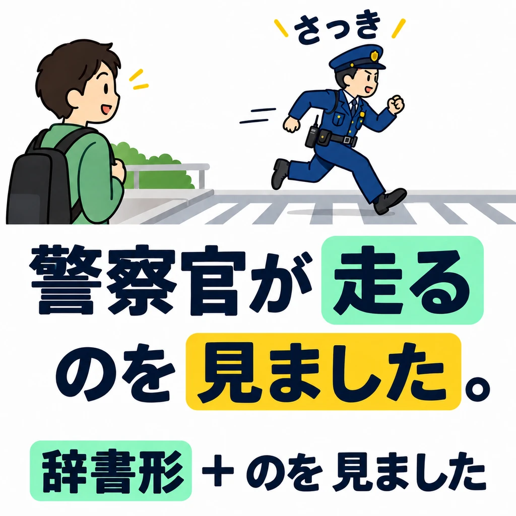 In this lesson, add 「のを見ました」 to a verb in dictionary form to describe an action you witnessed.