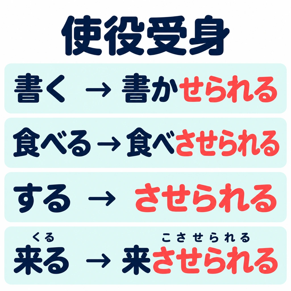ดูรูปเต็มก่อน 使役受身 เปลี่ยนจาก “ให้คนอื่นทำ” เป็น “ถูกคนอื่นให้ทำ”