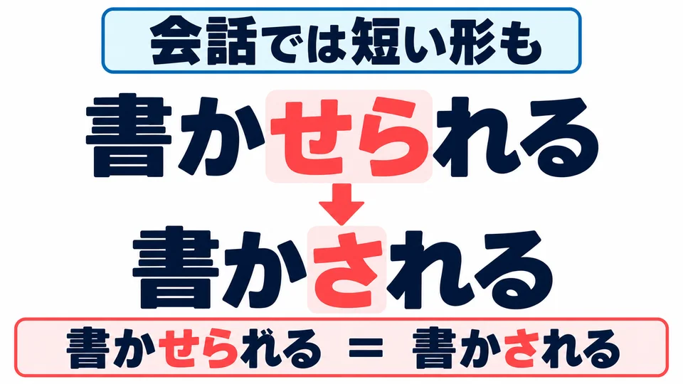 ในภาษาพูด กริยา godan มักใช้รูปสั้น: 「書かせられる→書かされる」