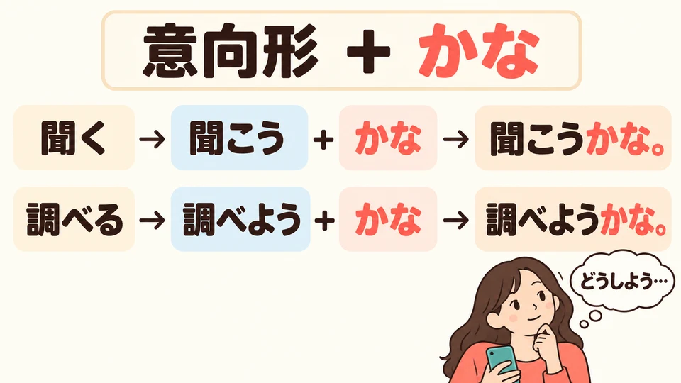 Setze das Verb in die Volitionalform und füge 「かな」 hinzu, um eine Handlung auszudrücken, die du gerade erwägst.