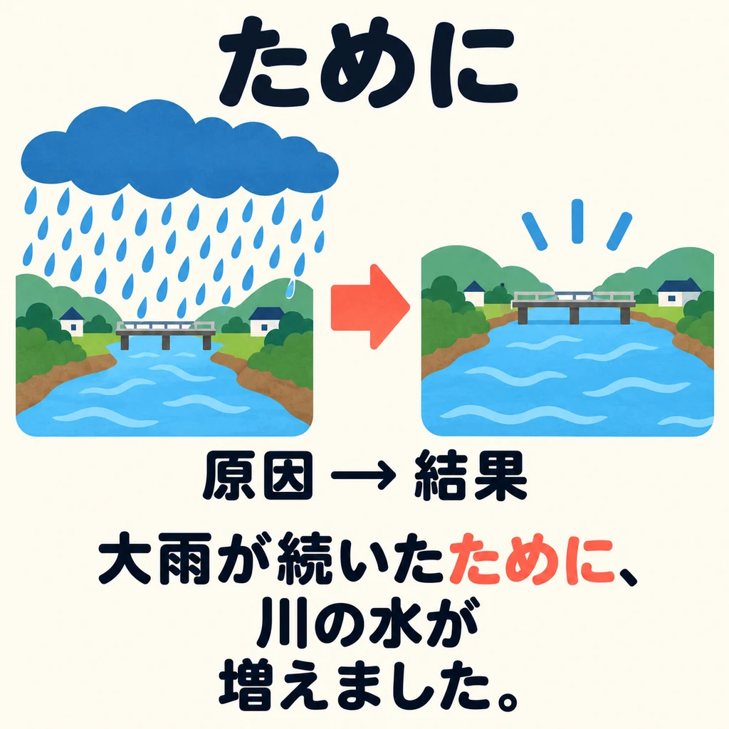 Mengapa air sungai naik? Gunakan 「ために」 untuk menghubungkan penyebab perubahan dengan hasilnya.