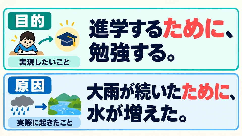 「進学するために」 yang sudah dipelajari menyatakan tujuan yang ingin dicapai. Dalam contoh ini, 「続いた」 adalah penyebab yang benar-benar terjadi.