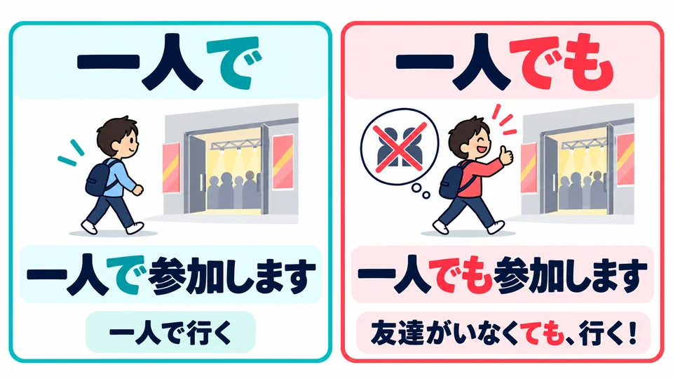 「一人で」 hanya menyatakan ikut sendirian; 「一人でも」 menekankan kesediaan ikut meski tanpa teman.