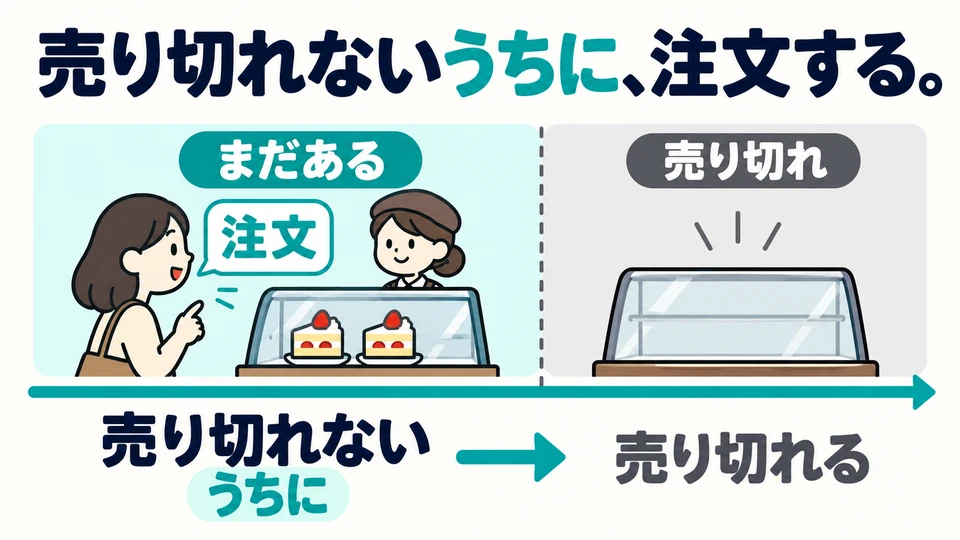 「売り切れないうちに」 means ordering before the item sells out. The action comes before the change.