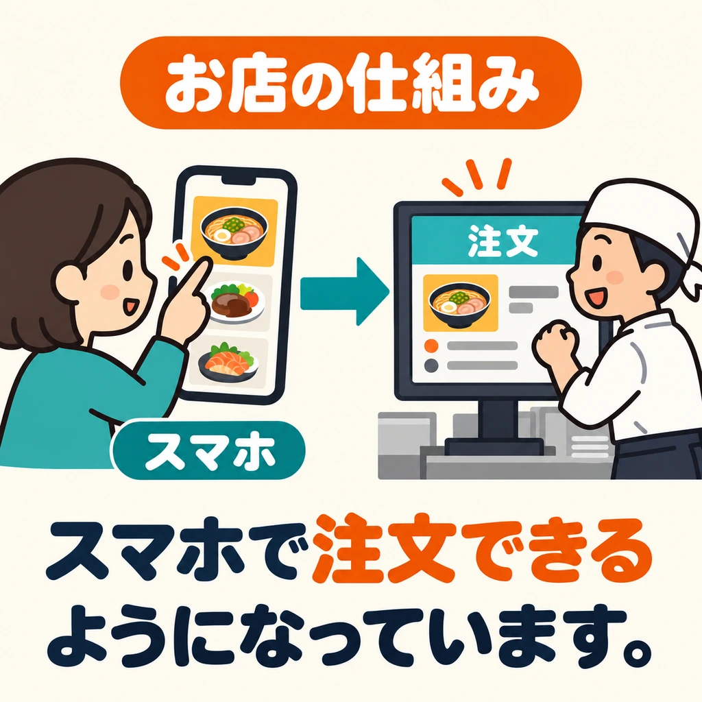 Follow the arrow: a customer orders on a phone, and the kitchen receives the order. What feature has the restaurant set up?