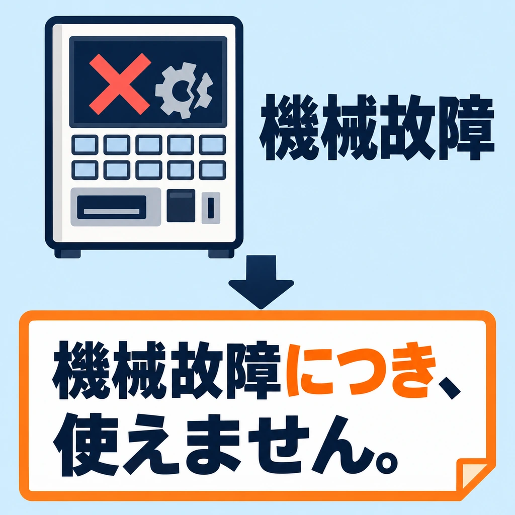 The machine is broken, so it cannot be used. Here, 「につき」 gives a reason, not a unit.