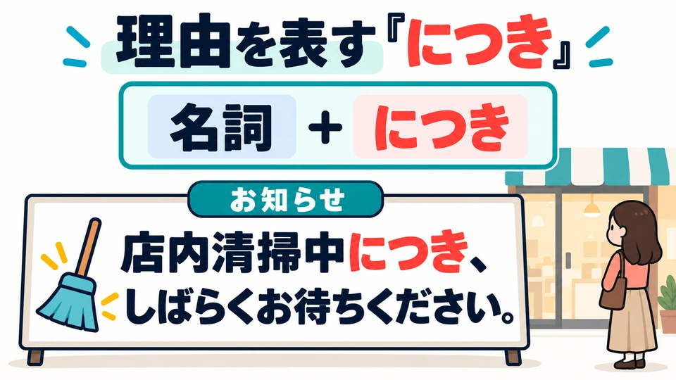 For reasons, use 「名詞+につき」 (noun + につき). It is common in formal writing, such as notices.