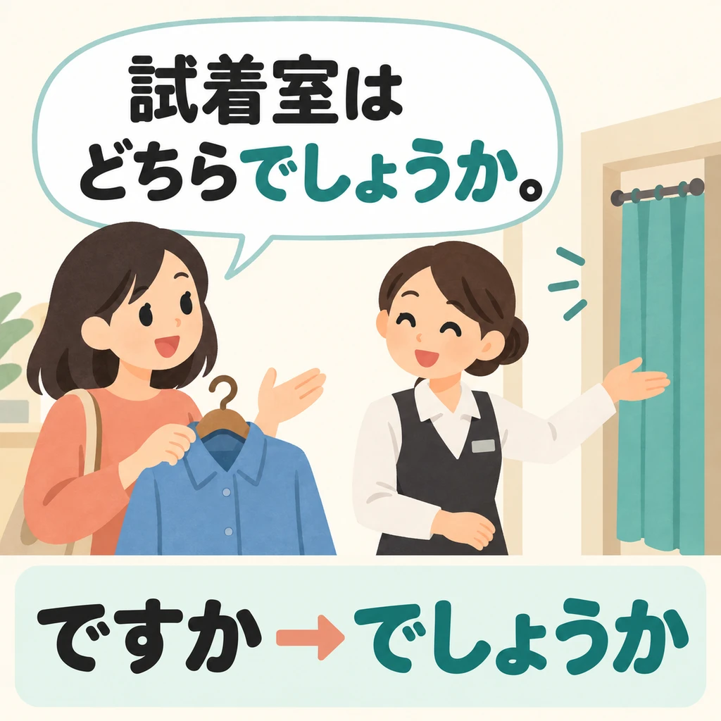 When asking a shop assistant where something is, use 「でしょうか」 to soften your question.