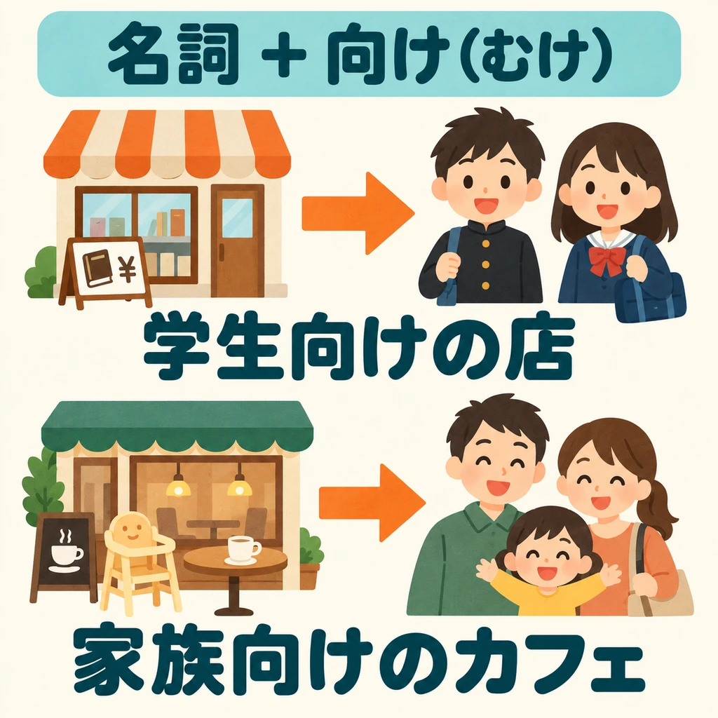 Who does the shop serve? Who is the café designed for? 「向け」 shows the intended users.