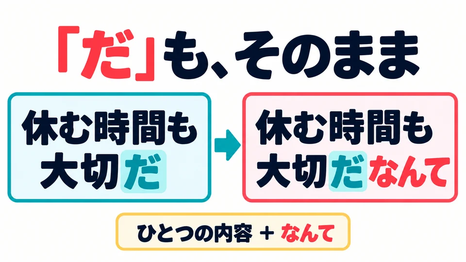 In 「大切だなんて」 in the example, keep 「だ」. The whole idea “rest is important too” comes before 「なんて」.