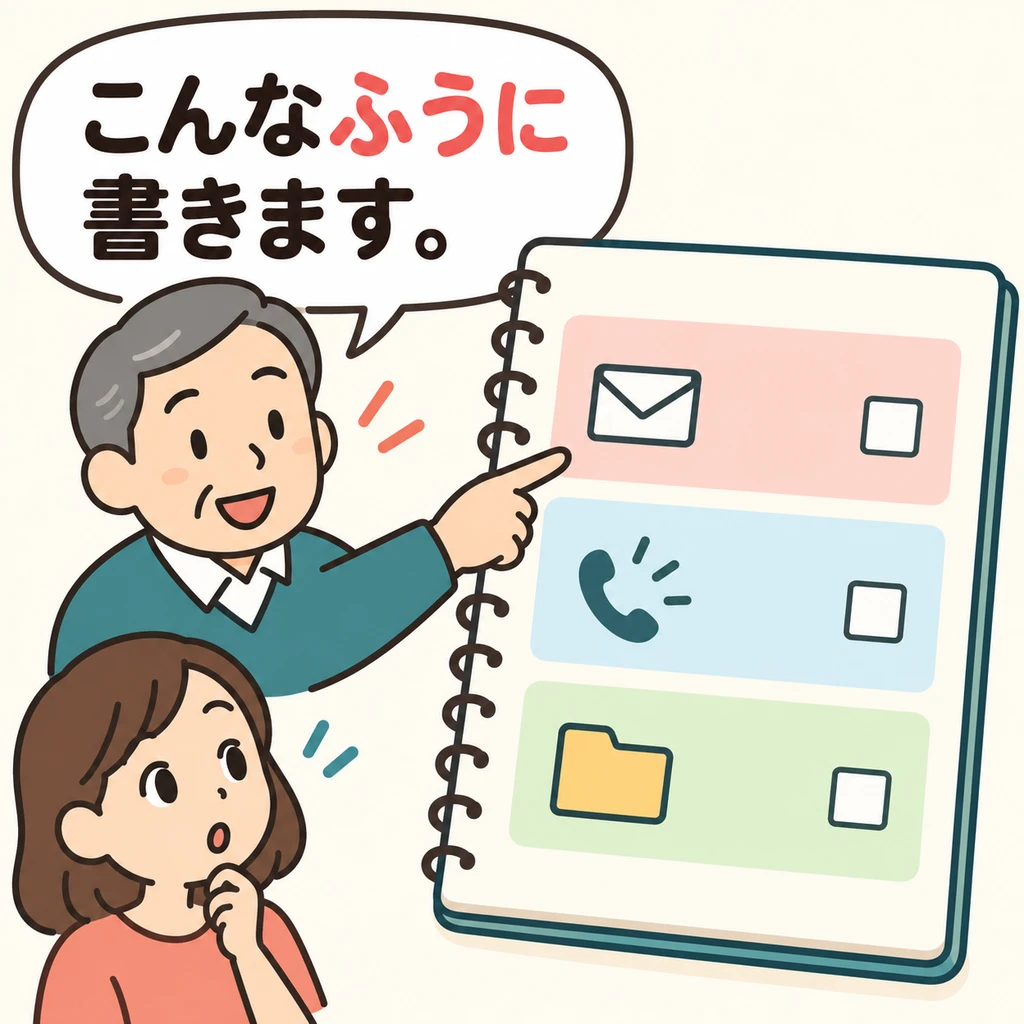 A senior colleague points to a memo divided into sections to show how to write it. To explain the method, say “write like this.”