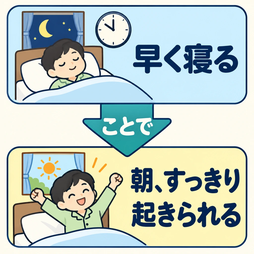What changes in the morning if you go to bed early? Follow the arrow: the action leads to the result below.