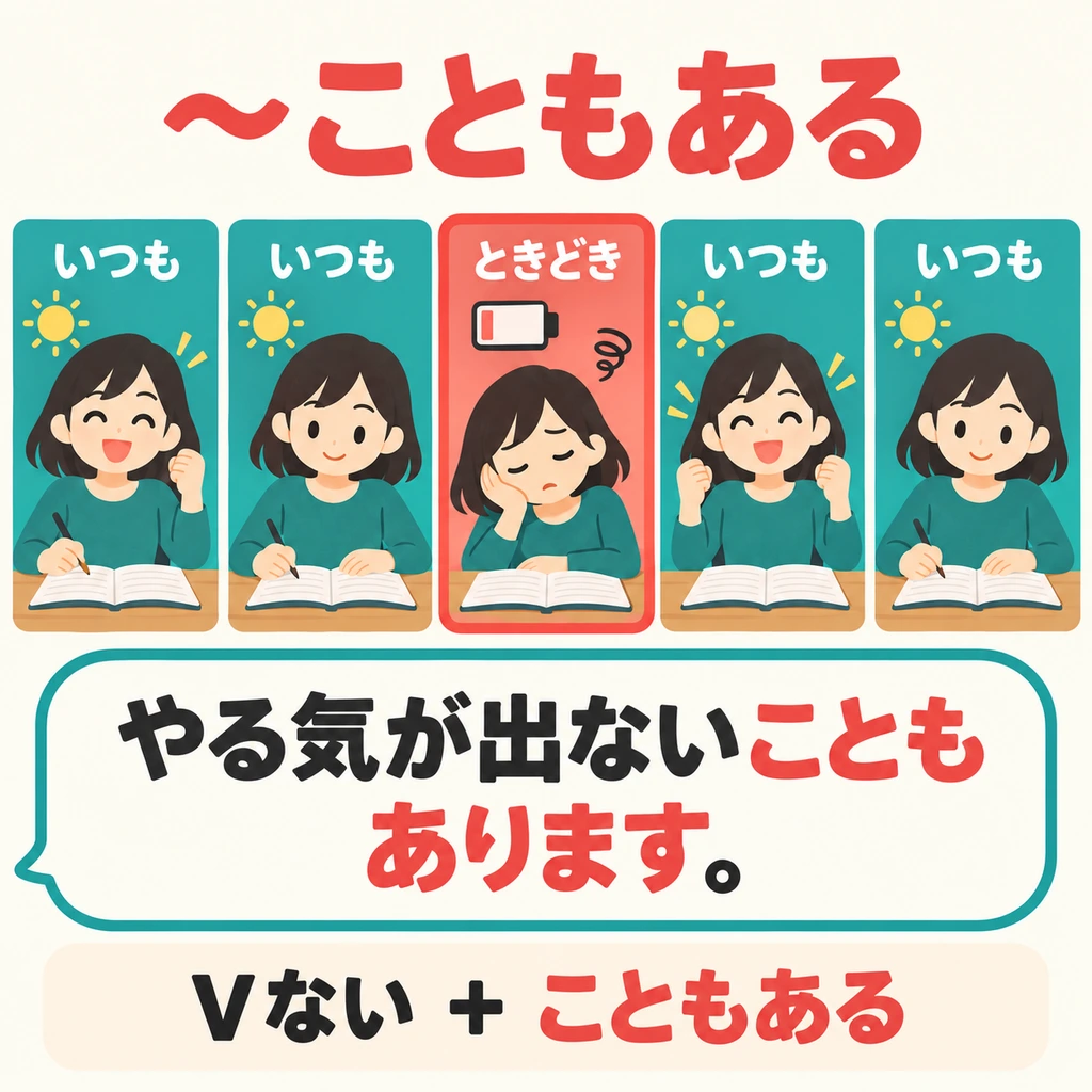 Look at the picture: usually she studies hard, but sometimes she feels unmotivated. This does not happen every day.