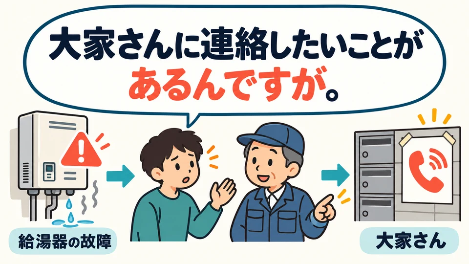 If the water heater breaks, first explain that you want to contact the landlord. Once the listener understands why you have come, they can help.