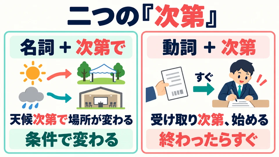 判斷兩種意思：名詞後是「取決於什麼」，動詞後是「一做完就行動」。