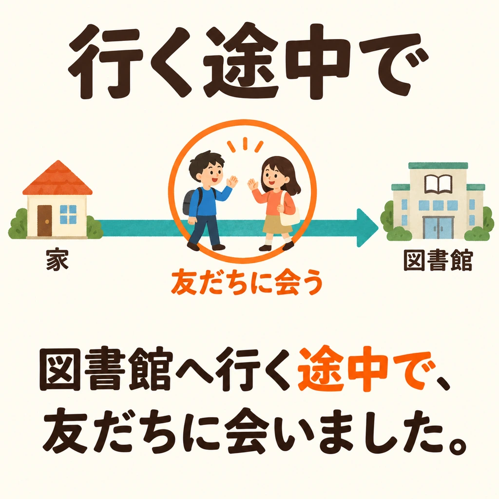 You meet a friend on the way to the library. 「途中で」 highlights what happens along the way.